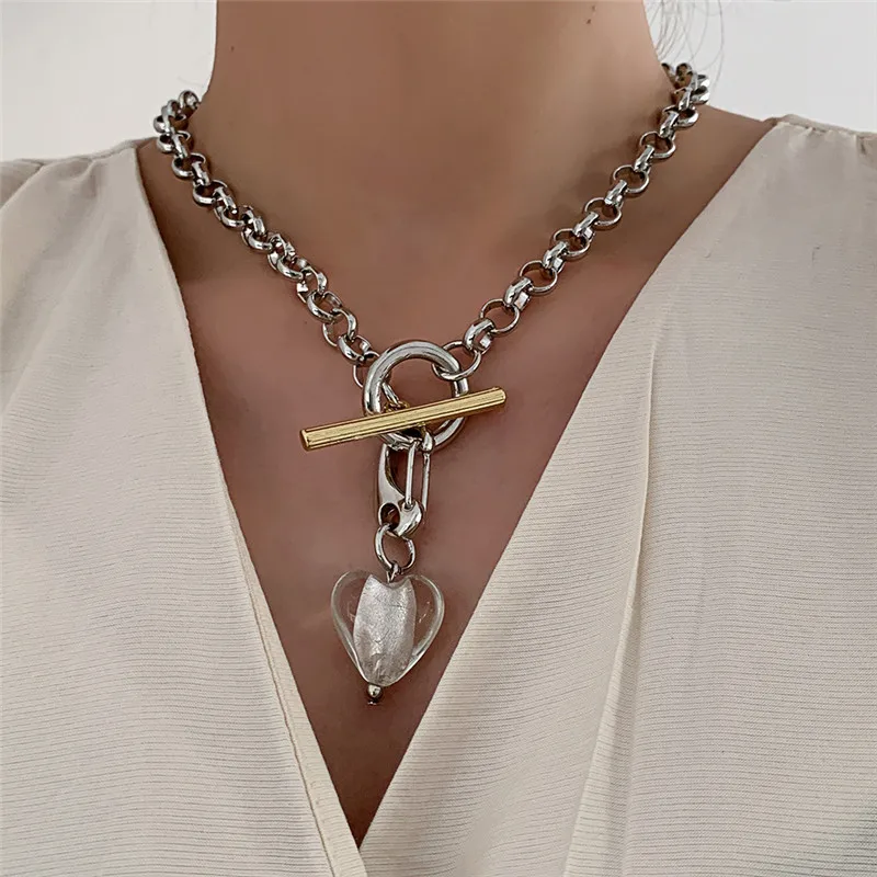 

Flashbuy Vintage White Black Glass Heart Pendant Necklace For Women Punk Metal Coarse Chain Chokers Necklace Party Jewelry