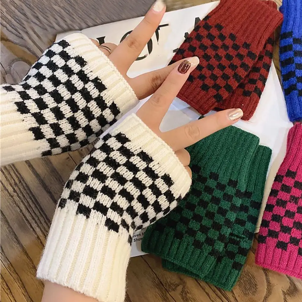 

Модные вязаные Клетчатые Шерстяные перчатки в Корейском стиле, разноцветные зимние плотные теплые перчатки без пальцев для мужчин и женщин