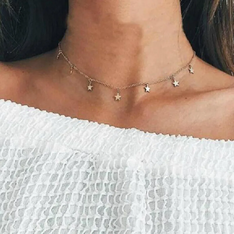 

Fashion Simple Gold Color Thin Chain Choker Short Necklaces Classic Trendy Metal Small Stars Pendant Necklaces for women jewelry