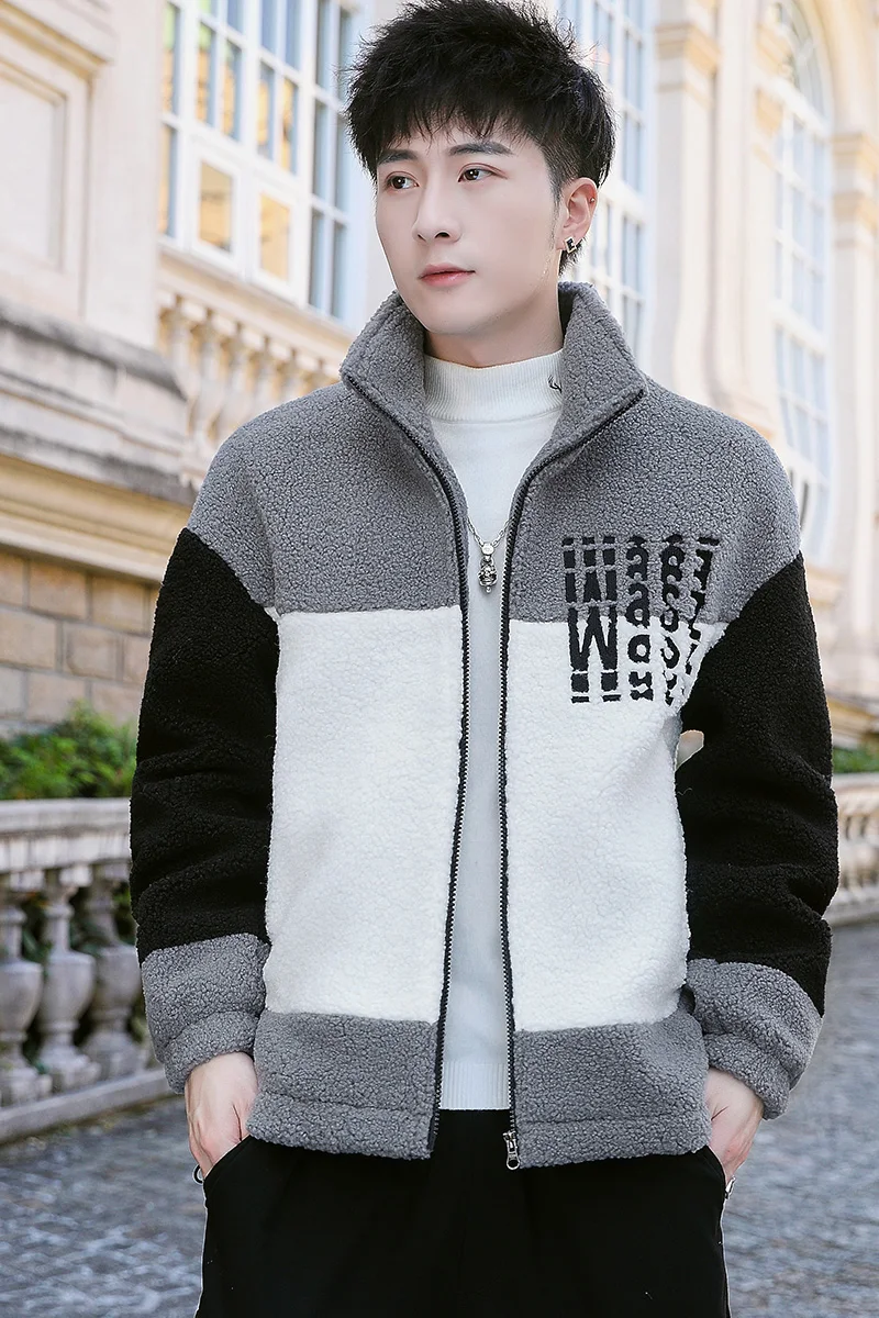 

Men's Jackets Plush Fabric Men Warm Jacket Fashion High Street Thick Windproof Patchwork Winter Jackets Male