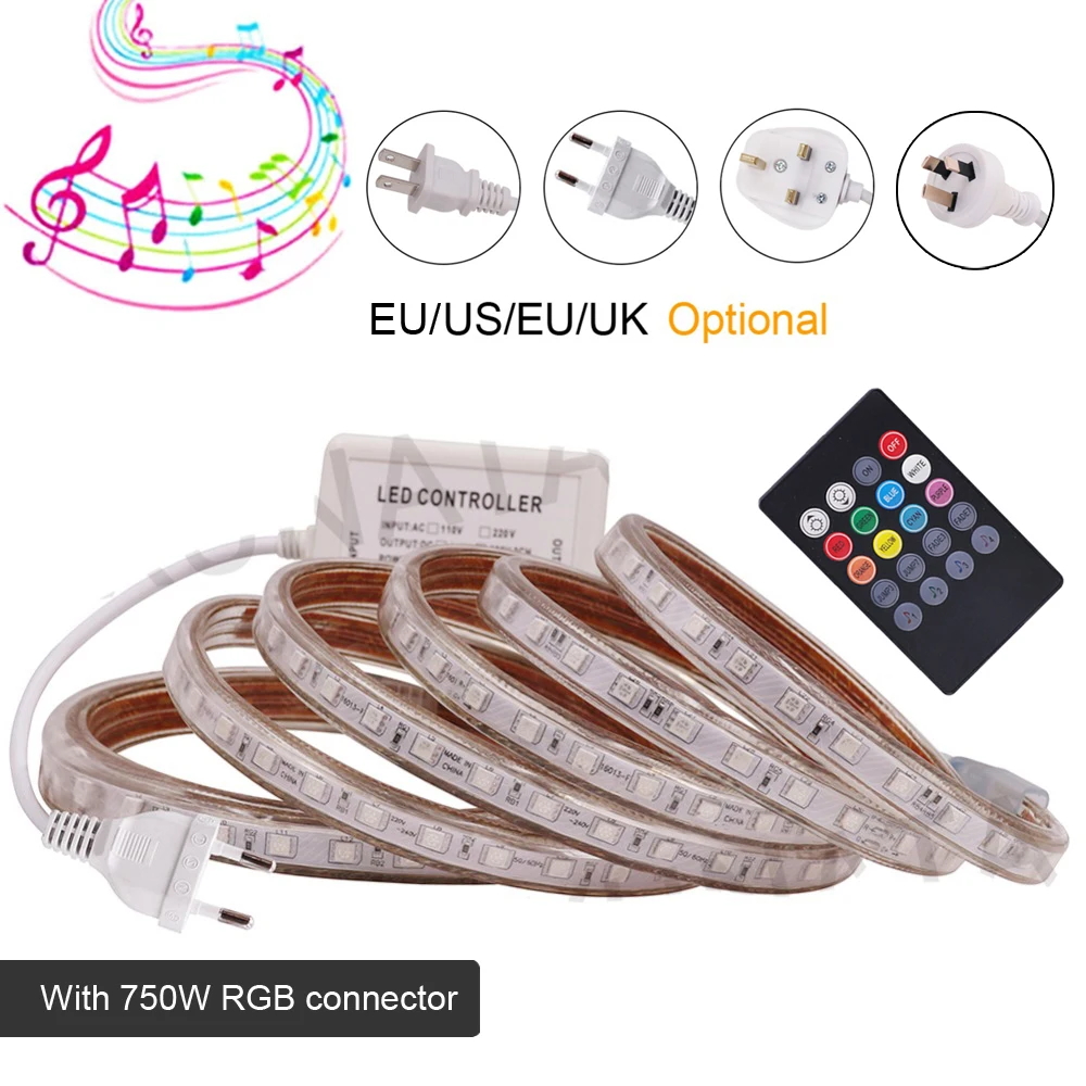 Светодиодная лента RGB 5050 с музыкальным Bluetooth-управлением через приложение, дистанционное управление и влагозащитой 60LED/м для гибкой декорации дома на 220В и 110В.