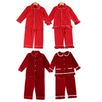 top popular christmas baby girls set night wear velvet sibling match button up solid red kids pyjamas