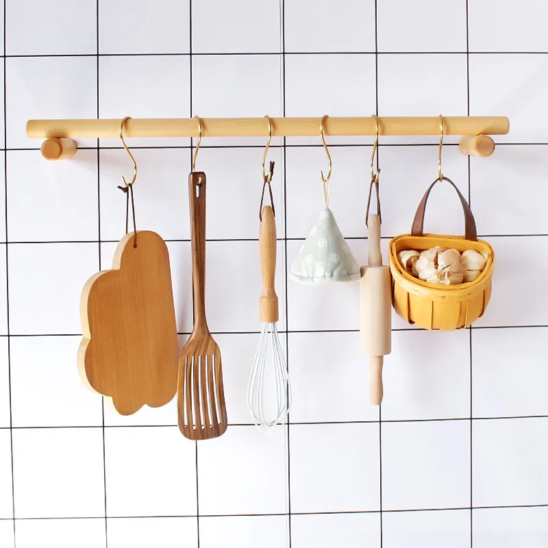 

Kitchen hanging rod hook rack free perforated beech wood wall hanging rack spatula rag spoon kitchenware storage rack