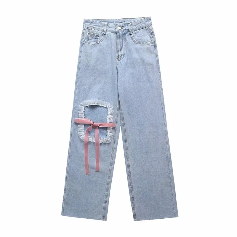 

2021 Women Denim Ripped Jeans Fashion Design Lace Trim Hole with pink bow Trousers High Waist Chic Lady Y2K Pants Pantalon