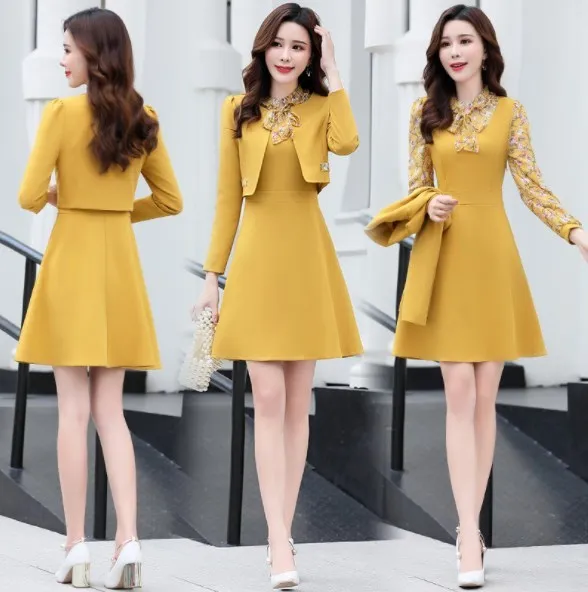 

Women Office Wear Long Dress Suits Pink Yellow Green Dresses Suit 2 Pieces Set Outfit Clothes Womens Short Jacket and Dress