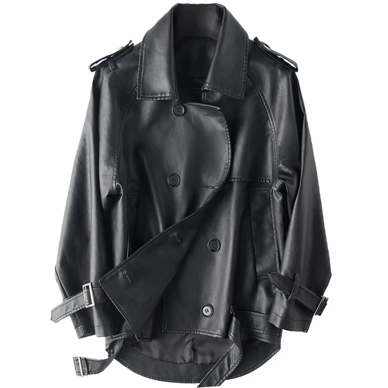 Lautaro Черный плащ из искусственной кожи для женщин с рукавом реглан 2020 модная