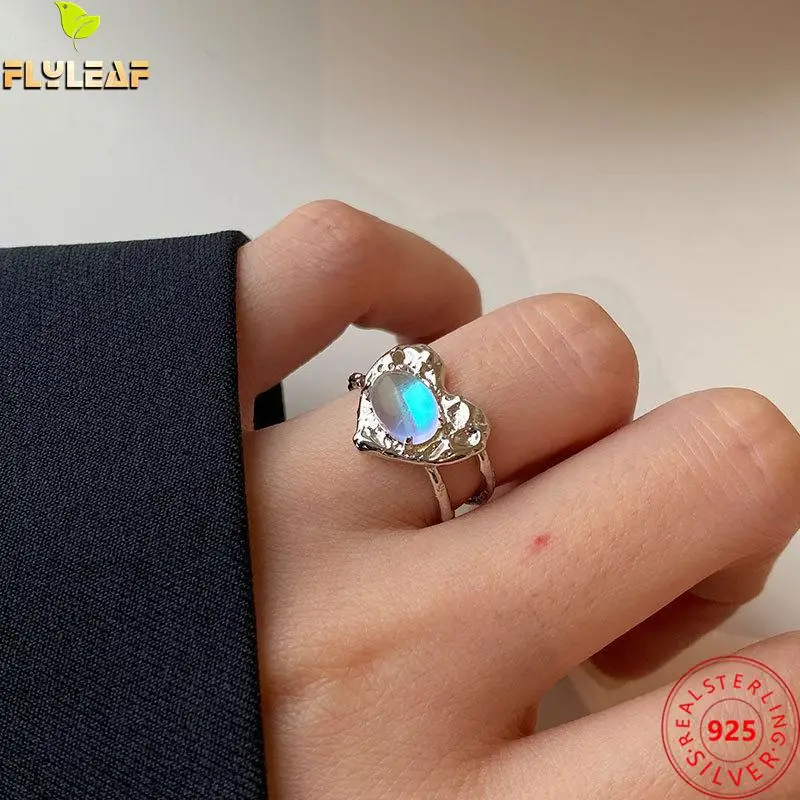 

100% 925 Sterling Silver Rings For Women Moonstone Double Layer Heart High Quality Fashion Fine Jewelry Femme Open Ring