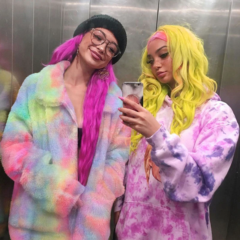 

Winter Tie Dye Pink Faux Fur Coat Women Casual Loose Furry Teddy Bear Jacket Shaggy Thick Warm Soft Overcoat Autumn