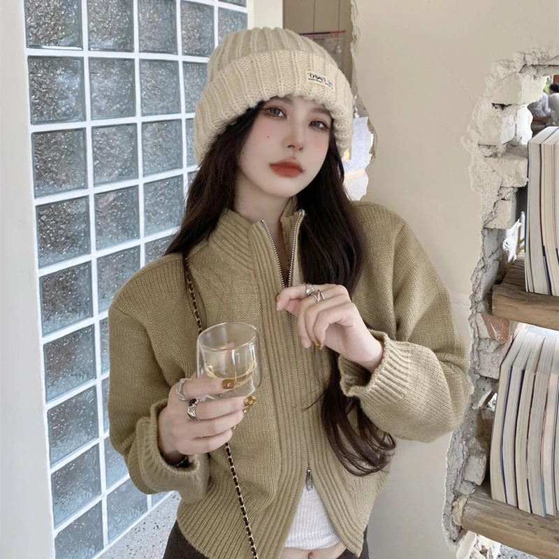 

Women Stand Collar Sweater 2021 Autumn Knitwear Jacket Casual Solid Color Full Sleeve Female Zipper Short Cardigans