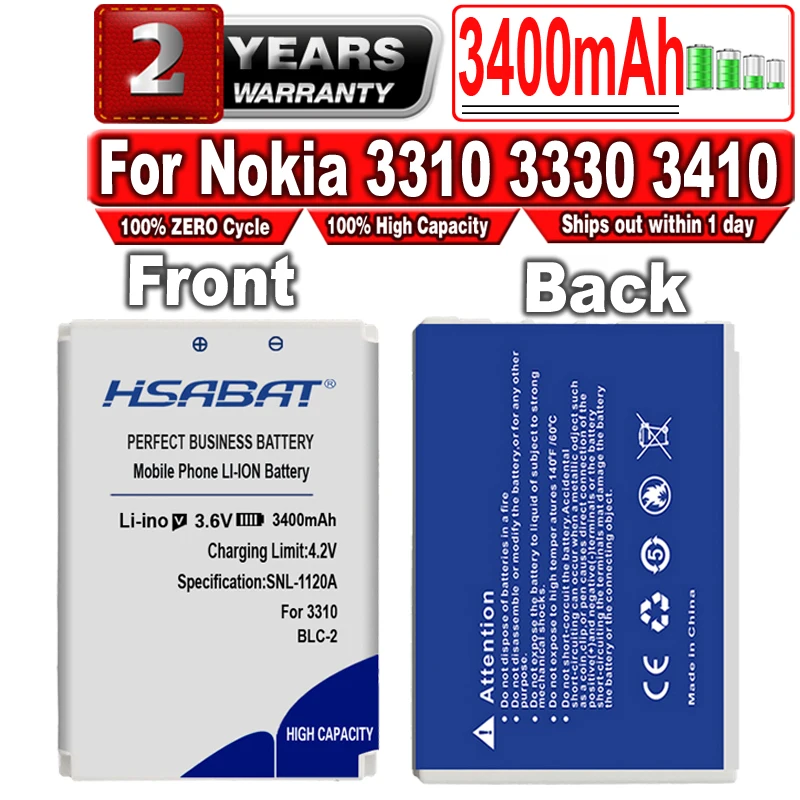 Аккумулятор HSABAT BLC-2 3400 мАч для Nokia 3310 3330 3410 3510 5510 3530 3335 3686 3685 3589 3315 3350 6650 6800 - купить