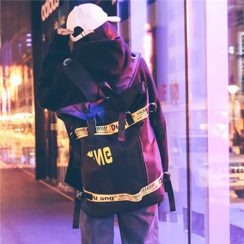 

Men New Street Style Canvas Double Shoulder Bag Hip Hop Trend Cool Sports Travel Backpack College Students Fashion Rucksack