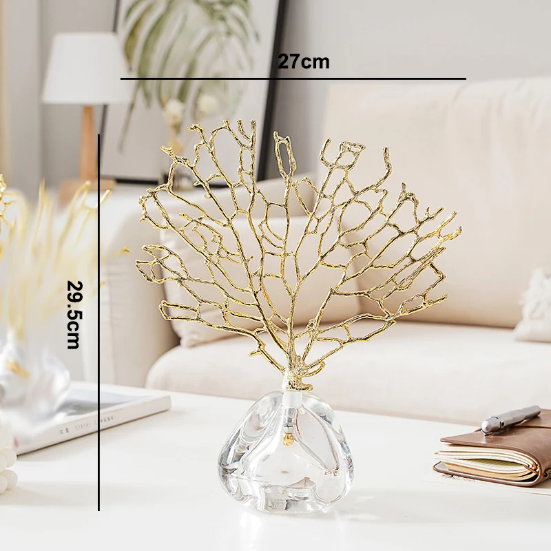 

Nordic Luxury Metal Coral Decoration Gold-plated Coral Crystal Base Living Room Exquisite Handicraft Home Decoration Furnishings