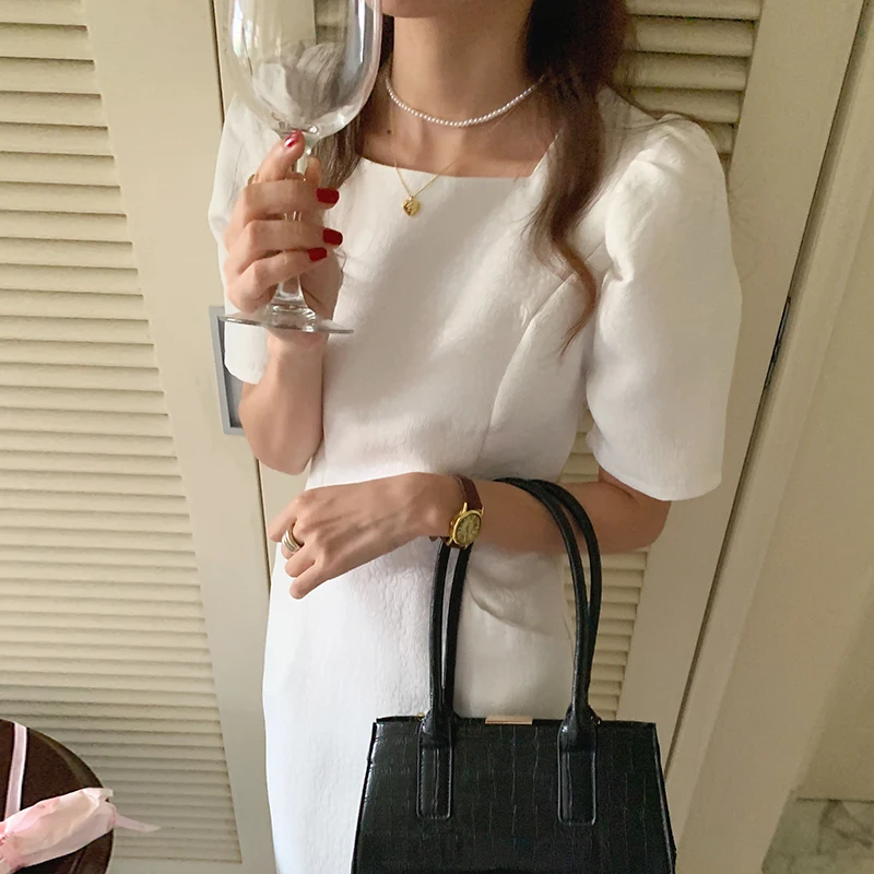 

Korejpaa Women Dress 2021 Summer Ladies French Retro Temperament Square Neck Slim Solid Color Double Pocket Puff Sleeve Vestidos