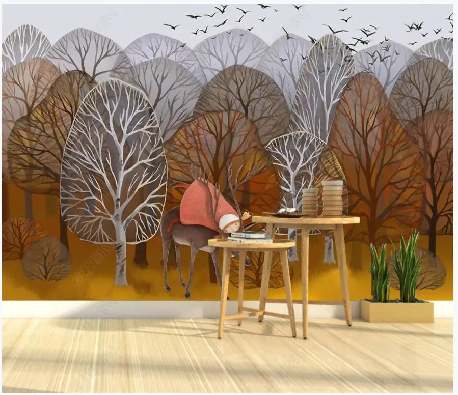 

Custom photo wallpaper for walls 3 d mural Modern Beautiful Hand painted branches forest deer living room TV background wall