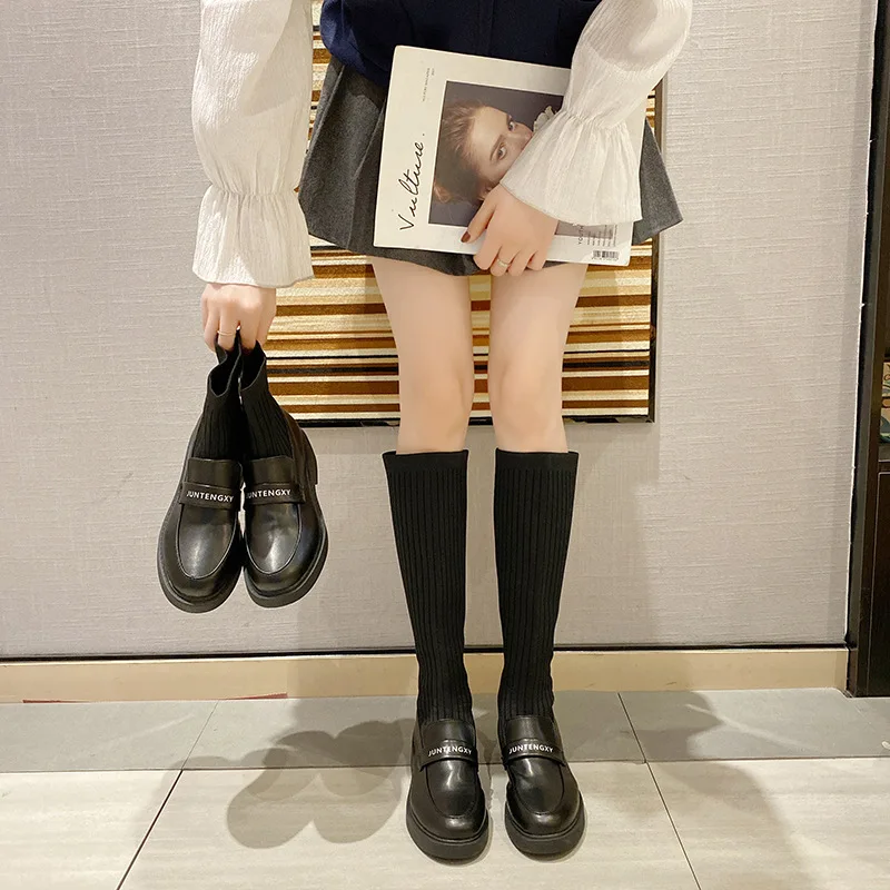 Демисезонные вязаные женские ботинки-носки 2020 обувь на платформе ботильоны