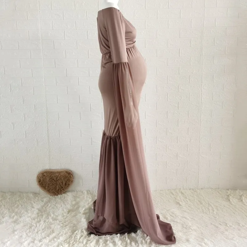 Платье для беременных с длинным рукавом эластичное хлопковое + шифоновое платье