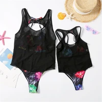 swimwear mother and daughter black transparent mesh floral bathing suit backless one piece matching swimsuit family