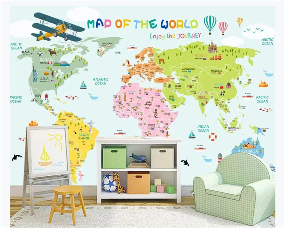 Бумажные обои beibehang мультяшная карта мира фон для спальни детской комнаты
