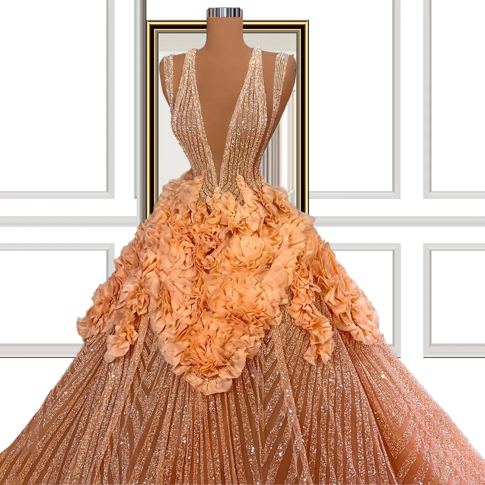 

Orange Deep V Neckline Sleeveless Dress Dubai Wedding Dress vestidos formales Islamic Turkish Floral Wedding Gown