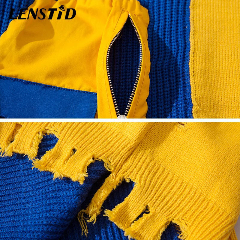LENSTID осень мужские хип хоп Харадзюку цветной блок пэчворк трикотажные пуловеры с