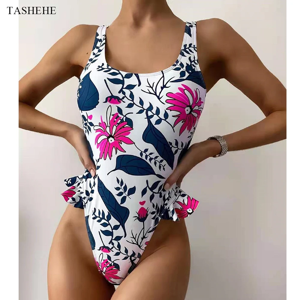 2021 купальник с цветочным принтом сексуальный женский рюшами на плечах лямкой шее
