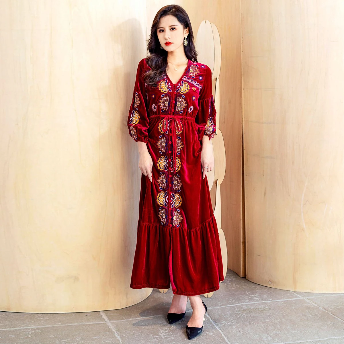 

Jastie Retro Ethnic Robe 2022 Autumn Winter Velvet Long Sleeve Women's Dress Elegant Retro Slim High Waist V-Neck Midi Dresses