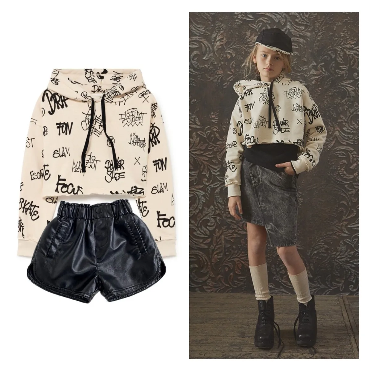 

In Stock Ins 2021 Autumn and Winter LCF Boys and Girls Sweater Long-sleeved Zipper Hooded Cardigan + All-match Leather Shorts