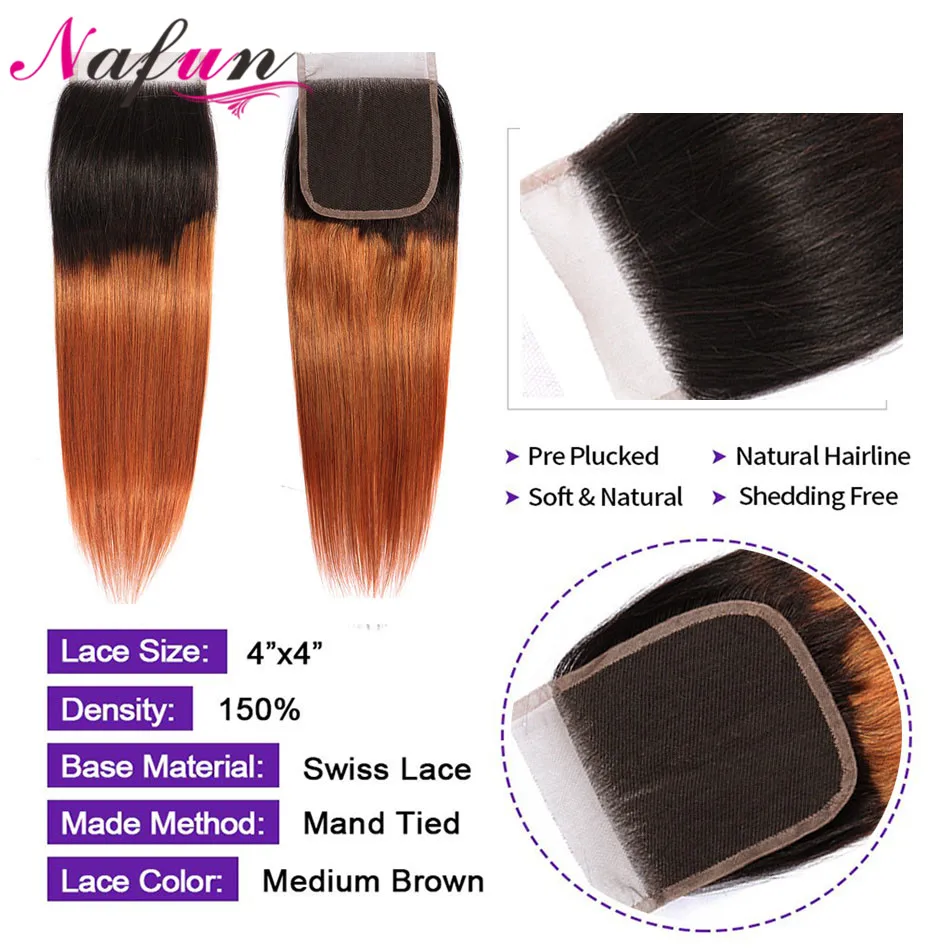 NAFUN Straight 4x4 Lace Closure #T1B/30 Indian Hair Pre-colored Non Remy Ombre Color 100% Human Extensions | Шиньоны и парики