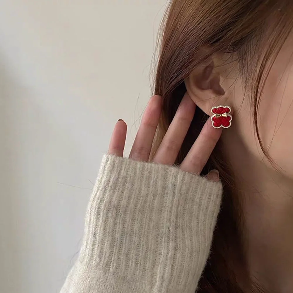

Cute Funny Flocking Bow Bear Earrings Stud Korean Cartoon Girl Earrings Winter Wild Plush ear Jewelry Earrings Gifts