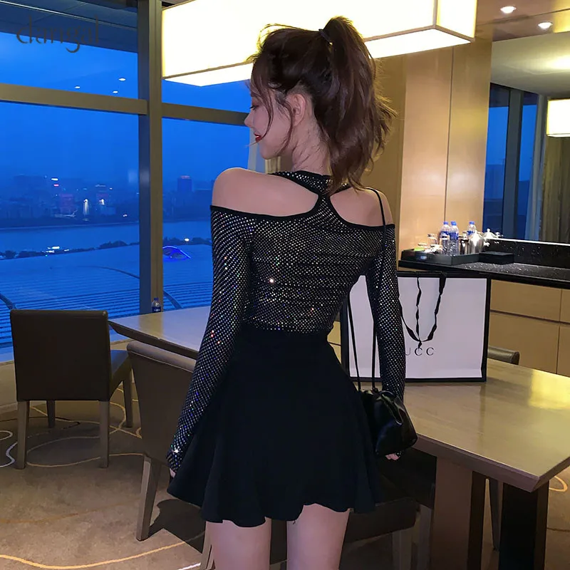 Облегающая Женская Осенняя Футболка с блестками и длинным рукавом открытыми