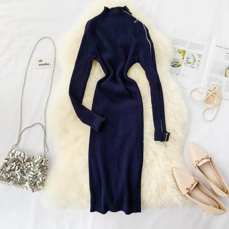 Женское трикотажное платье Young Gee Осеннее однотонное облегающее в стиле ретро с