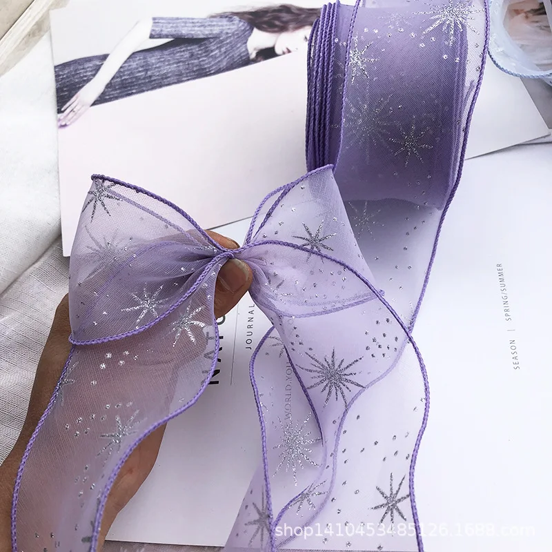 

5yards/lot Silver Powder Snowflake Printed Organza Stain Ribbon for DIY Crafts Hair Accessories Gift Box Packaing Materials