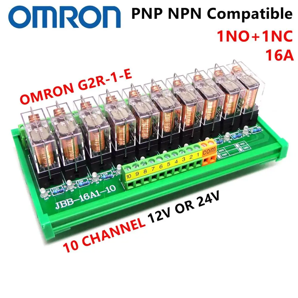 

10-канальный релейный модуль OMRON PLC, 10-канальный релейный модуль 1NO 1NC, релейный модуль SPDT G2R-1-E 12 В, 24 В, 16 А, PNP, NPN, крепление на DIN-рейку