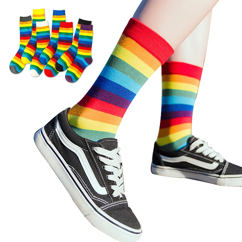 Носки женские хлопковые радужные в полоску эластичные длинные карамельные цвета