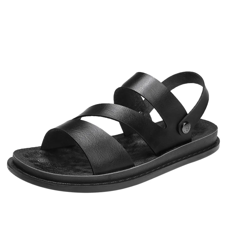 

New Fashion Men Summer Shoes Vintage Leather Non-slip Beach Slip-On Sandals Travel Flip Flop Slippers Black Brown