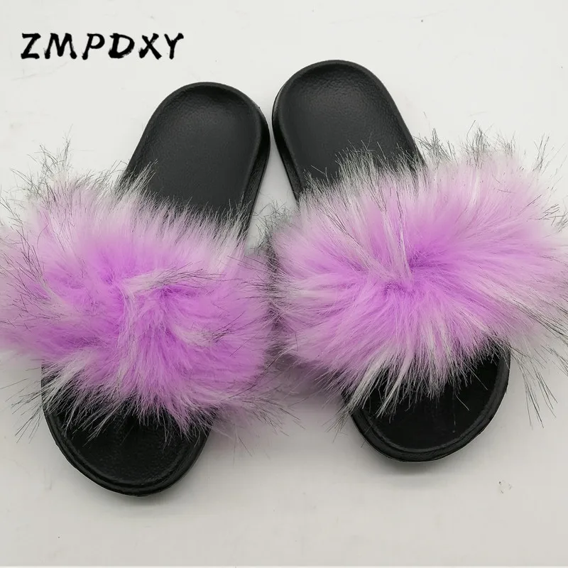 

Women's Summer Faux Fox Fur Slipper Woman Plush Open Toe Sandals Fluffy Fake Raccoon Furry Slides Flip Flops Ladies Home Shoes