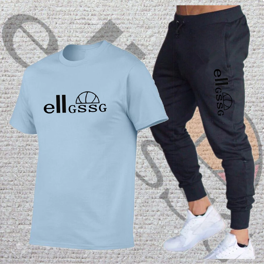 

2021Spring/Summer Men's Pure Color Sportswear Short Sleeve T-shirt and Men's Fitness Workout Tights Set Fashion Brand Men's 2pcs