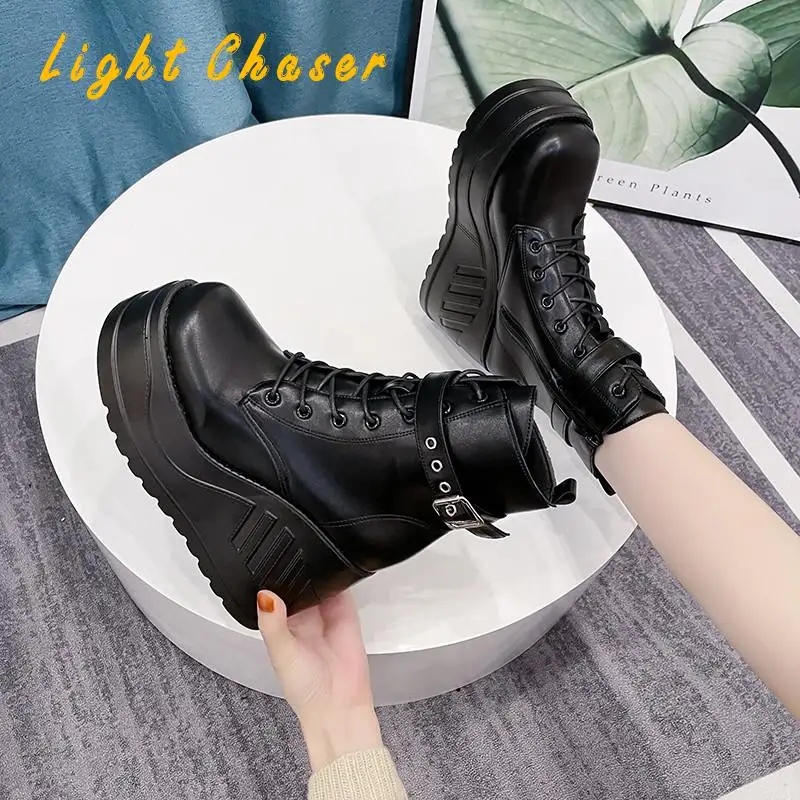 Fashion Punk Style Platform Women Ankle Boots Women's Motorcycle Boot Fashion Ladies Chunky Shoes Wedge Black Big Size 4142 43