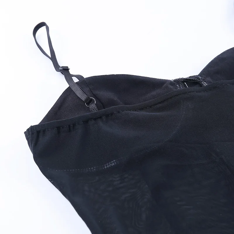 

2021 New Sling Bodysuit Sexy Hanging Buckle Mesh Stitching Bodysuit Women Black Jumpsuit Fashion Clothes Nightclub