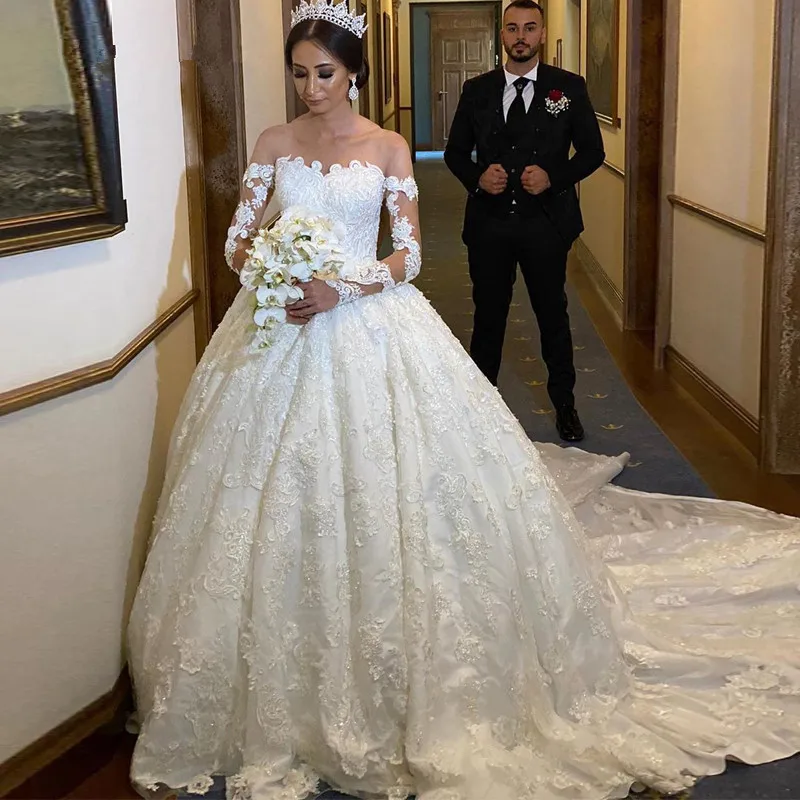 

Одежда с длинным рукавом белый бальное платье арабский кружевные свадебные платья 2021 со шлейфом Vestidos De Novia 2020 Роскошные свадебные платья