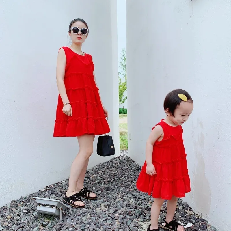 

Платье без рукавов для родителей и детей, летнее, красное, большого размера, 2020