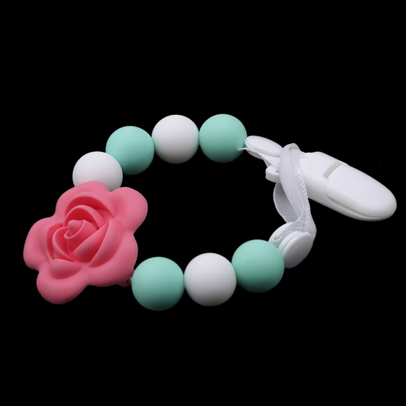 

Funny Nipple Silicone Pacifier Chains Rose Flower Bead Infant Attache Sucette Dummy Clip Safe Teething Chains For Baby