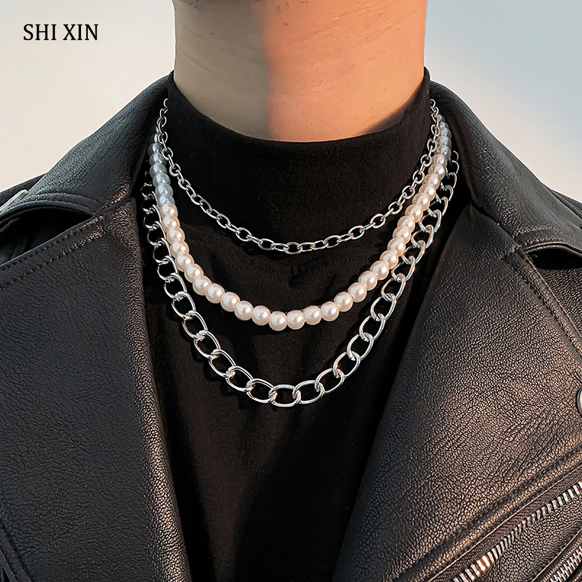 

SHIXIN 3 Pcs Layered Pearl Thick Chain Necklace Set for Women Hip Hop Choker Necklaces Men Fashion Neck Jewelry 2021 Colar Gifts