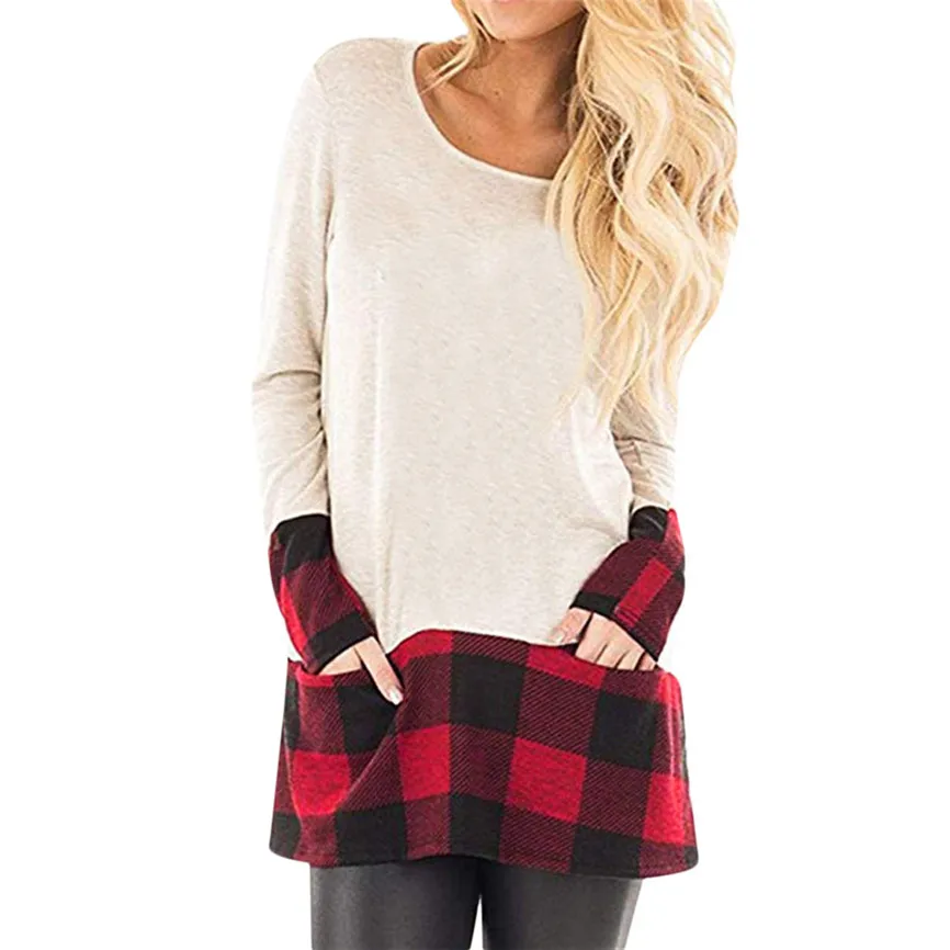 Модные женские блузки 2019 Осенняя женская одежда топы клетчатые с кромкой Круглый