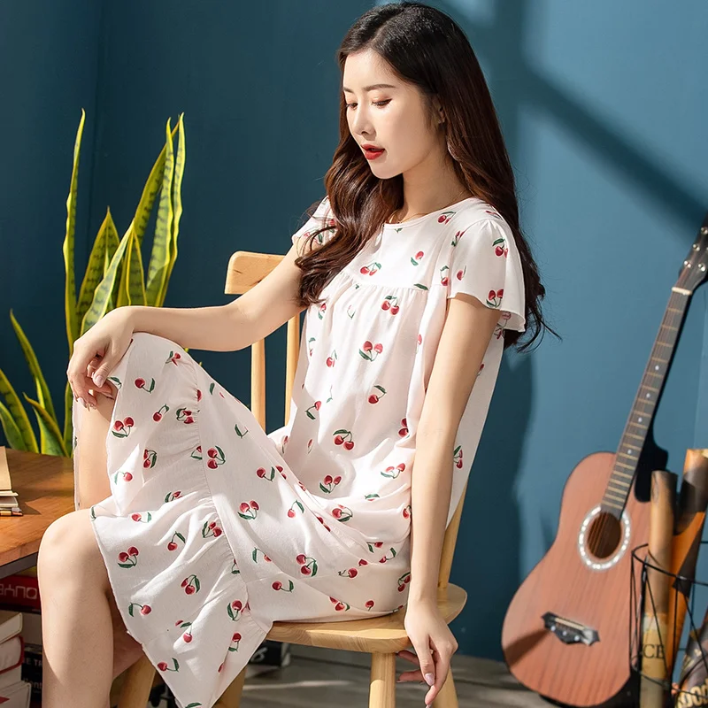Летняя Хлопковая женская ночная рубашка ночные рубашки с фруктовым принтом