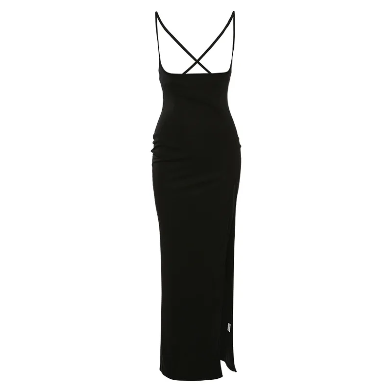 

2021 Spring And Autumn New Women's Fashion Sling Cross Halter Sexy Split Slim Temperament Dress Women