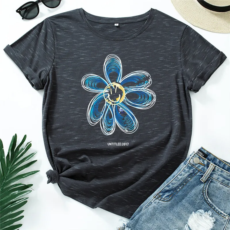 

Plus Size Women T-Shirt S-5XL Fashion Flower Print TShirt 100%Cotton Women Tops O Neck Short Sleeve Tees Summer Woman Tshirts