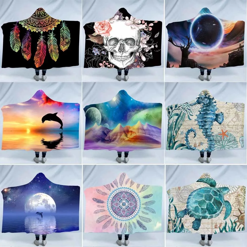 

3D Printed Psychedelic Hot Stamping Dreamcatcher Dolphin Turtle Starry Coral Fleece Plush Bed Throw Hoodie Hooded Blanket