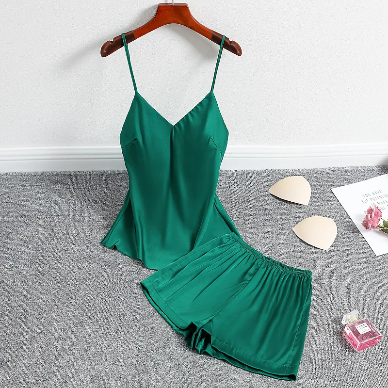 

Women Sleeveless Pajamas Set Satin Strap Top&Shorts Solid 2PCS Sleepwear Sexy V-neck Sleep Set Femme Pijamas Suit Home Clothes