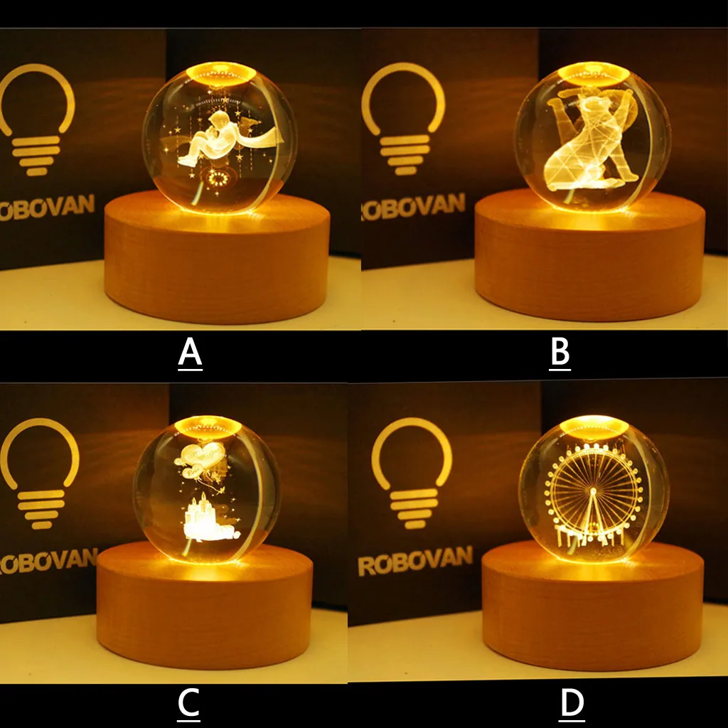 

Creative 3d Crystal Ball Night Light Bedside Lamp Solid Wood Base Bedside Lamp